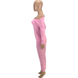 Solid Color Pink Thicken Pocketed Beveled Neckline Full Sleeve One Piece Jumpsuit with Belt