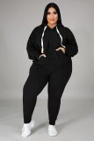 Women's Plus Size Black Hot Drilling Sweatshirt Two Piece Hoodie Pants Set with Pockets