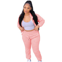 Solid Color Pink Fleece 2 PC Zipper Hoodie Cardigan Blouse Sweatpants Outfit