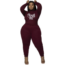 Plus Size Wine Red High Neck Printed Letter Sweatshirt Two Piece Women's Set