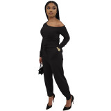 Solid Color Black Thicken Pocketed Beveled Neckline Full Sleeve One Piece Jumpsuit with Belt