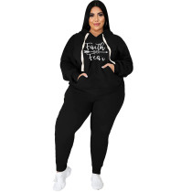 Plus Size Black Printed Letter Sweatshirt Two Piece Hooded Women's Set with Pockets