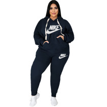 Casual Dark Blue Cotton Blended Printed Two-piece Plus Size Women's Hoodie Sweatpant Set