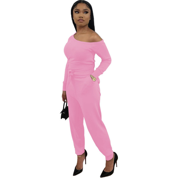 Solid Color Pink Thicken Pocketed Beveled Neckline Full Sleeve One Piece Jumpsuit with Belt