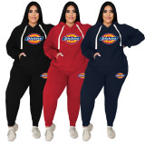 Women's Plus Size Red Printed Letter Sweatshirt Two Piece Hoodie Pants Set with Pockets