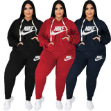 Casual Black Cotton Blended Printed Two-piece Plus Size Women's Hoodie Sweatpant Set