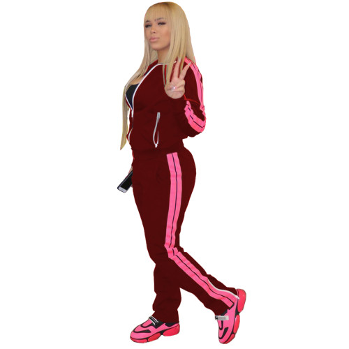 Casual Solid Wine Red Stitching Zipper Turndown Neck Women Two Piece Outfits for Outdoor Exercise