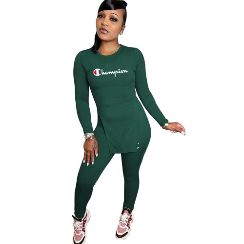 Casual Green Pyrograph Letter Thumb Hole Split Hem Top & Pencil Pants Set