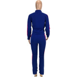 Casual Solid Royal Blue Stitching Zipper Turndown Neck Women Two Piece Outfits for Outdoor Exercise