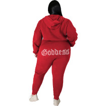 Women's Plus Size Red Hot Drilling Sweatshirt Two Piece Hoodie Pants Set with Pockets