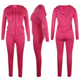 Solid Color Rose Sports Zipper Hooded Trousers Set with Pockets