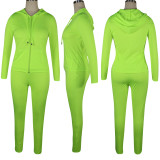 Solid Color Fluorescent Green Sports Zipper Hooded Trousers Set with Pockets