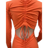 Casual Solid Orange Drawstring Wrinkles Backless V Neck Skinny Jumpsuits