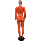 Casual Solid Orange Drawstring Wrinkles Backless V Neck Skinny Jumpsuits