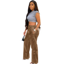 Autumn Winter Coffee Elastic High Waist Trouser Women Faux PU Leather Straight Pants with Pockets