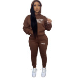 Autumn Winter Coffee Pyrograph Fleece Hooded Sweatpant Two Piece Outfits