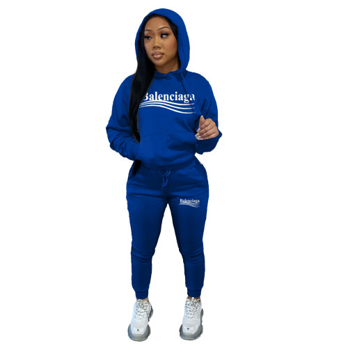 Autumn Winter Royal Blue Pyrograph Fleece Hooded Sweatpant Two Piece Outfits