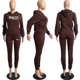 Autumn Winter Coffee Pyrograph Fleece Hooded Sweatpant Two Piece Outfits