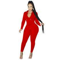 Solid Color Red Sports Zipper Hooded Trousers Set with Pockets