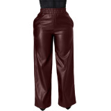 Autumn Winter Wine Red Elastic High Waist Trouser Women Faux PU Leather Straight Pants with Pockets