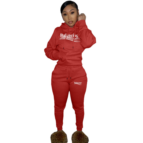 Autumn Winter Pyrograph Fleece Hooded Sweatpant Two Piece Outfits