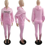 Autumn Winter Pink Pyrograph Fleece Hooded Sweatpant Two Piece Outfits