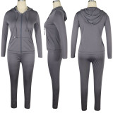 Solid Color Grey Sports Zipper Hooded Trousers Set with Pockets