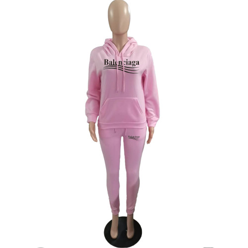 Autumn Winter Pink Pyrograph Fleece Hooded Sweatpant Two Piece Outfits