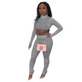 Autumn Winter Grey High Elasticity Ribbed Pit High Neck Crop Top & Pleated Pants
