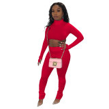Autumn Winter Red High Elasticity Ribbed Pit High Neck Crop Top & Pleated Pants