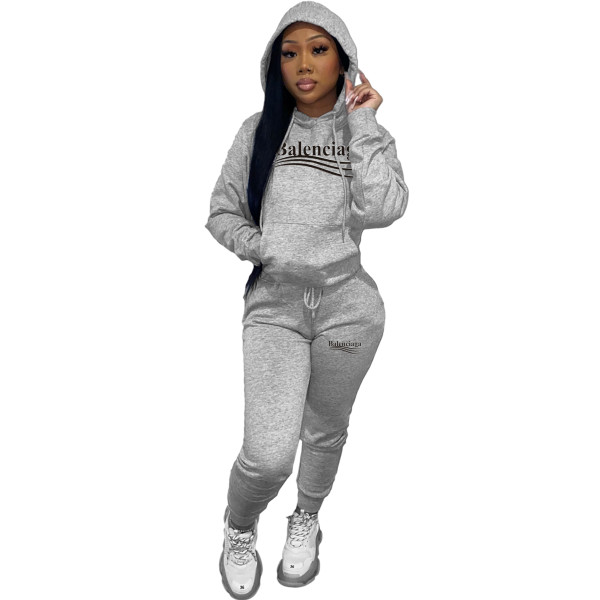 Autumn Winter Grey Pyrograph Fleece Hooded Sweatpant Two Piece Outfits
