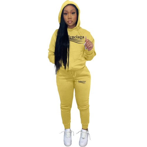 Autumn Winter Yellow Pyrograph Fleece Hooded Sweatpant Two Piece Outfits