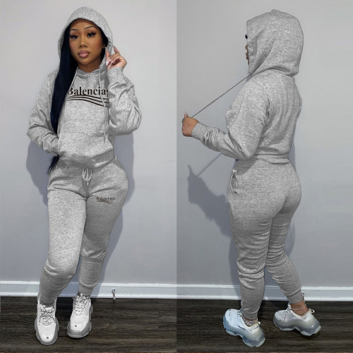 Autumn Winter Grey Pyrograph Fleece Hooded Sweatpant Two Piece Outfits