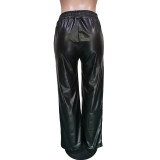 Autumn Winter Black Elastic High Waist Trouser Women Faux PU Leather Straight Pants with Pockets