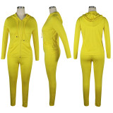 Solid Color Yellow Sports Zipper Hooded Trousers Set with Pockets