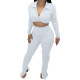 Solid Color White Thicken V Neck Button Crop Top Split Casual Set