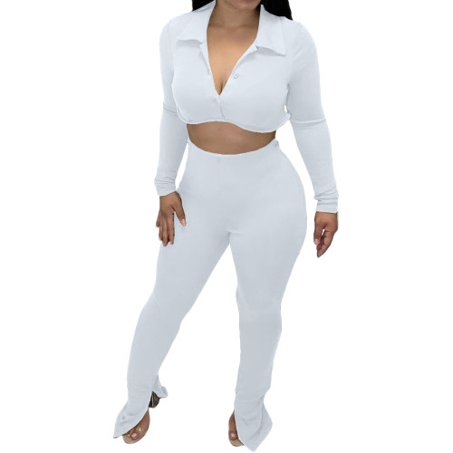 Solid Color White Thicken V Neck Button Crop Top Split Casual Set
