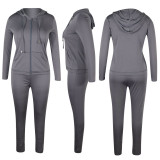 Solid Color Grey Sports Zipper Hooded Trousers Set with Pockets