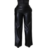 Autumn Winter Black Elastic High Waist Trouser Women Faux PU Leather Straight Pants with Pockets