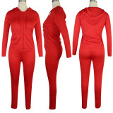 Solid Color Red Sports Zipper Hooded Trousers Set with Pockets