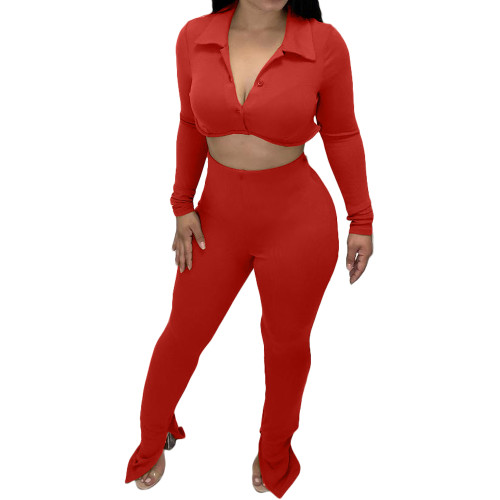 Solid Color Red Thicken V Neck Button Crop Top Split Casual Set