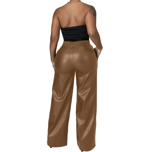 Autumn Winter Coffee Elastic High Waist Trouser Women Faux PU Leather Straight Pants with Pockets