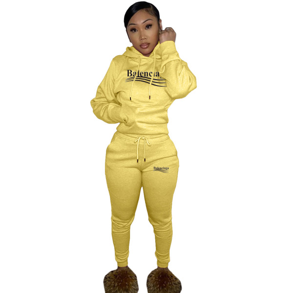 Autumn Winter Yellow Pyrograph Fleece Hooded Sweatpant Two Piece Outfits