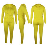 Solid Color Yellow Sports Zipper Hooded Trousers Set with Pockets