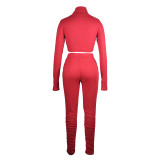 Autumn Winter Red High Elasticity Ribbed Pit High Neck Crop Top & Pleated Pants
