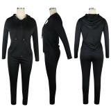Solid Color Black Sports Zipper Hooded Trousers Set with Pockets