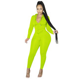 Solid Color Fluorescent Green Sports Zipper Hooded Trousers Set with Pockets