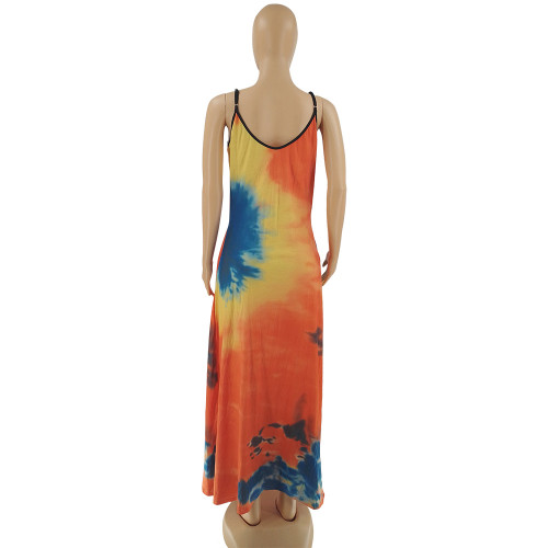 Sexy Print Dyeing Beach Nightclub Sling Long Dress with Pockets
