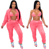 Sexy Three Piece Pink Women Warmth Double-sided Velvet Hoodie Winter Sets