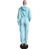 Sexy Three Piece Sky Blue Women Warmth Double-sided Velvet Hoodie Winter Sets